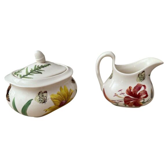 Spode Floral Haven Creamer & Sugar Bowl Set Butterfly Bee England Repaired - Picture 3 of 7